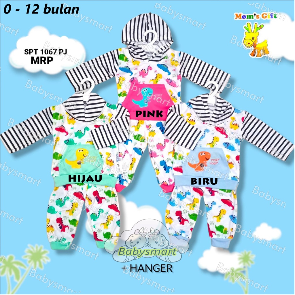 Babysmart - Setelan Kaos Oblong Bayi / Anak Lengan PANJANG+Hoodie Motif SALUR DINO SPT 1067 MOM'S GIFT umur 0 - 12 bulan