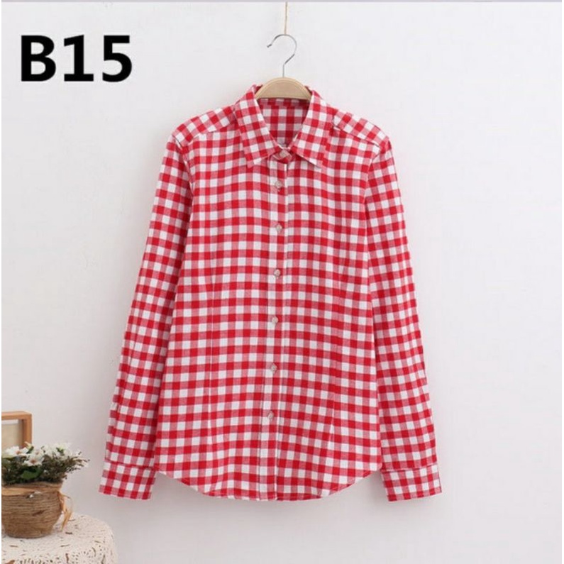 GSL Kemeja Merah Putih Agustusan Wanita Kemerdekaan Kotak 1 CM Lengan Panjang Basic Casual Korea Sty