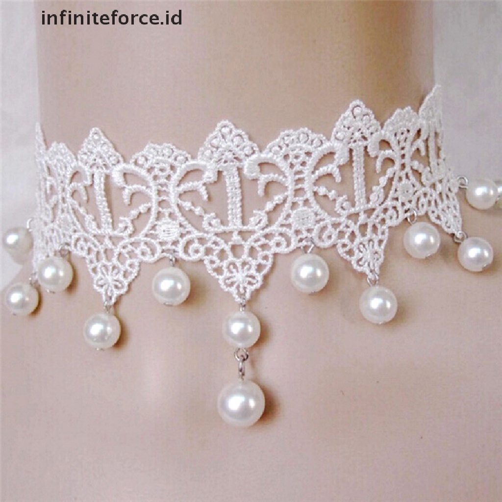 Kalung Choker Bahan Lace Aksen Mutiara Untuk Wanita