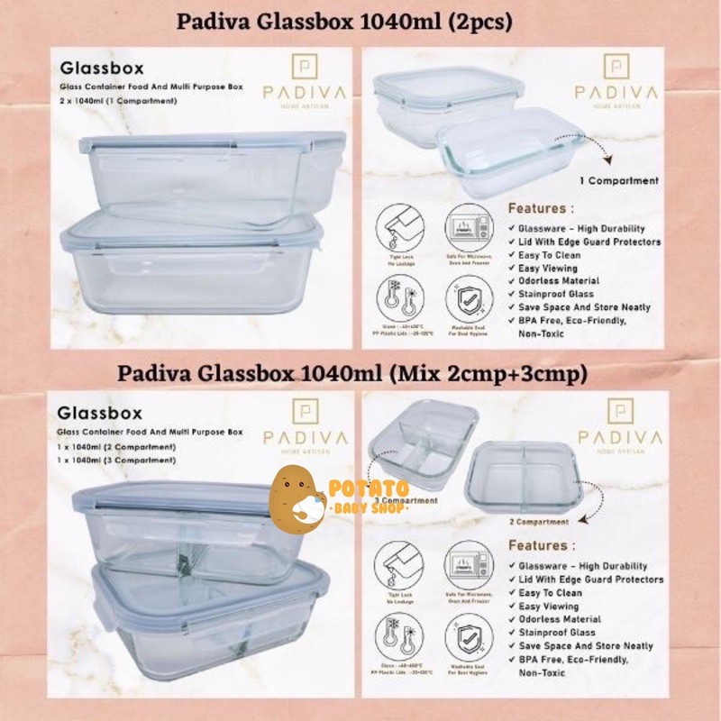 Padiva 1040ml (2pcs) Glassbox ( 1 &amp; Mix 2+3Compartment)