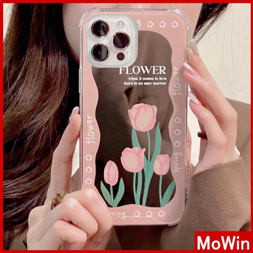 iPhone Case Acrylic HD Mirror Laser Airbag Shockproof Protection Camera Cute Pink Tulip Flower Compatible For iPhone 11 iPhone 13 Pro Max iPhone 12 Pro Max iPhone 7 Plus iPhone xr