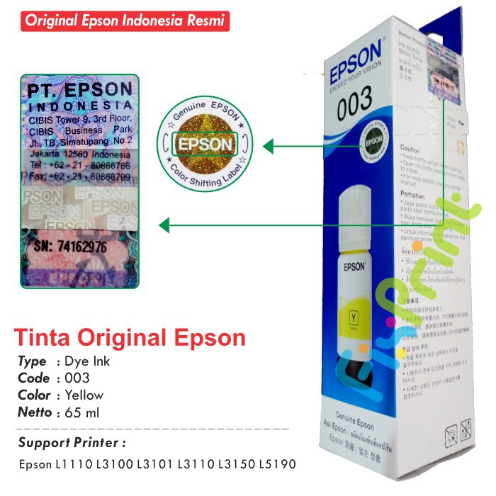 Tinta Refill Botol Epson 003 65ml Original Ink Bottle Printer L1110 L3100 L3101 L3110 L3150 L5190