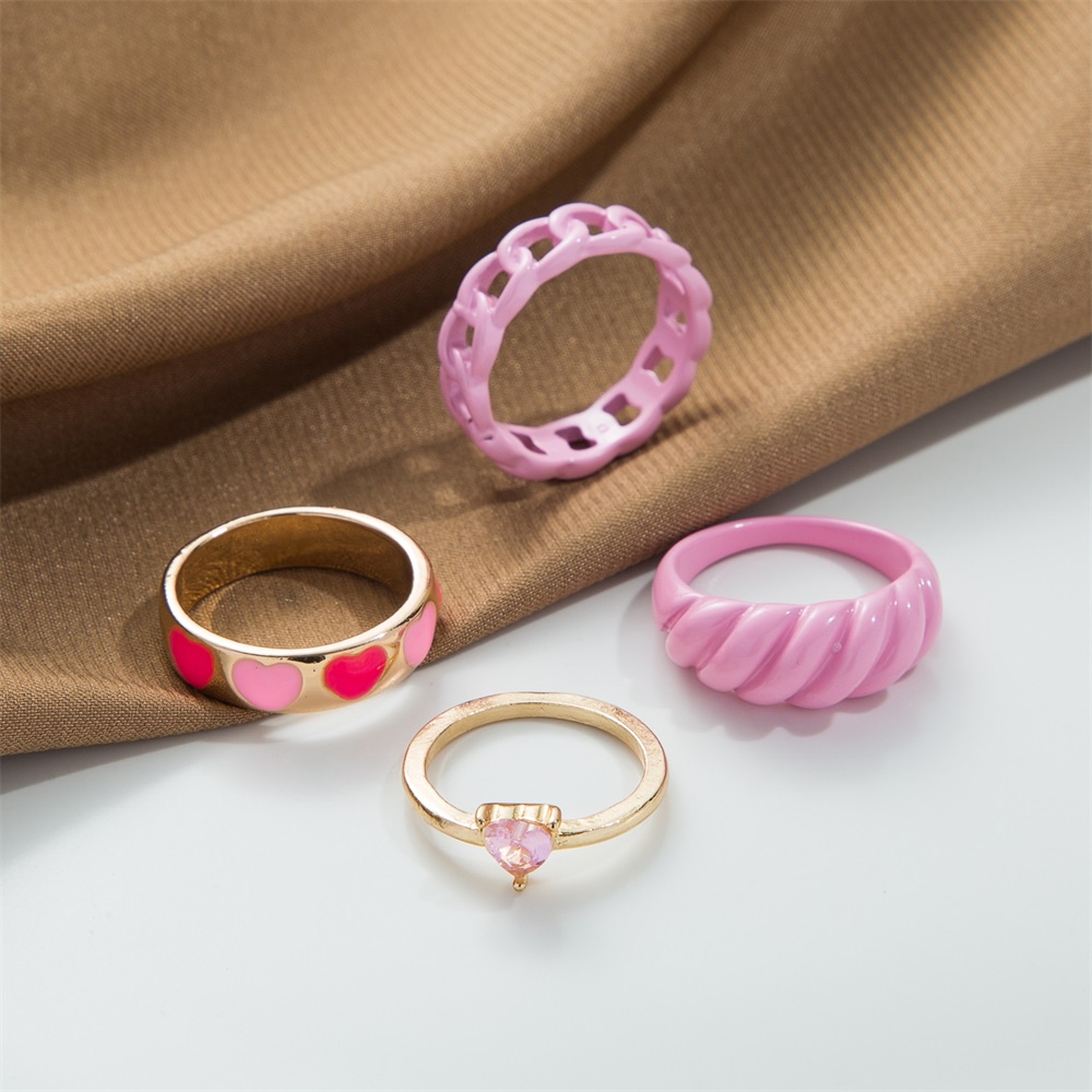 Y2K 4pcsset Cincin Resin Desain Hati Hollow Hias Berlian Pink Gaya Trendy Untuk Wanita