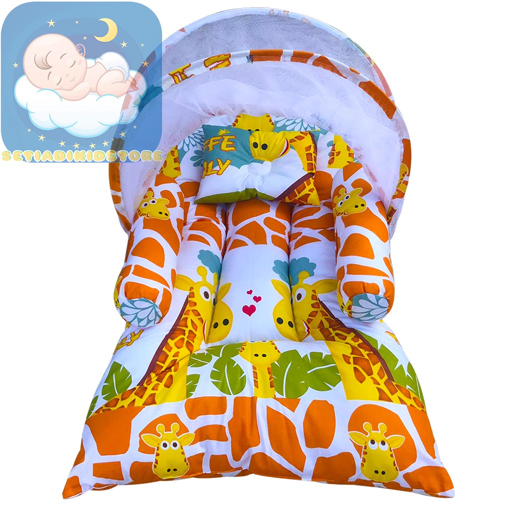 Tempat Tidur Bayi Lipat Berkelambu Motif Sunny Farm Kain Katun | Kasur Bayi Lipat | Matras Bayi-2.giraffe family
