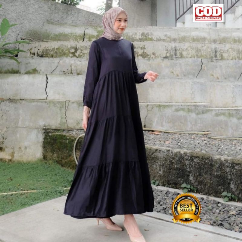 Baju Gamis Wanita katun rayon polos terbaru homedress homedres polos busui terbaru jumbo LD 120cm-Aurel Black