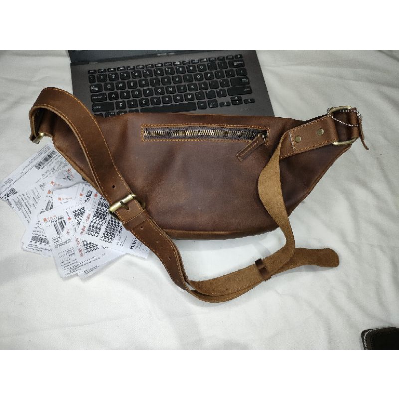 Tas Kulit Waistbag posaidownn 100% kulit sapi asli crazy horse