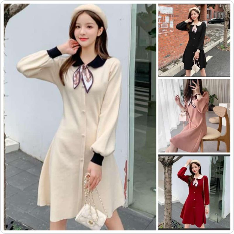 220008 DRESS TUNIK RAJUT KOREA FREE SYAL IMPORT PREMIUM FASHION WANITA