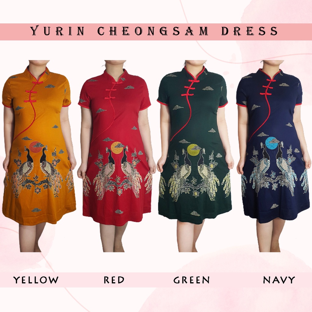 Evercloth Yurin Cheongsam Dress Batik Wanita Couple Imlek Natal CNY Seragam Merah Dress Wanita Gaun Terusan Family Set