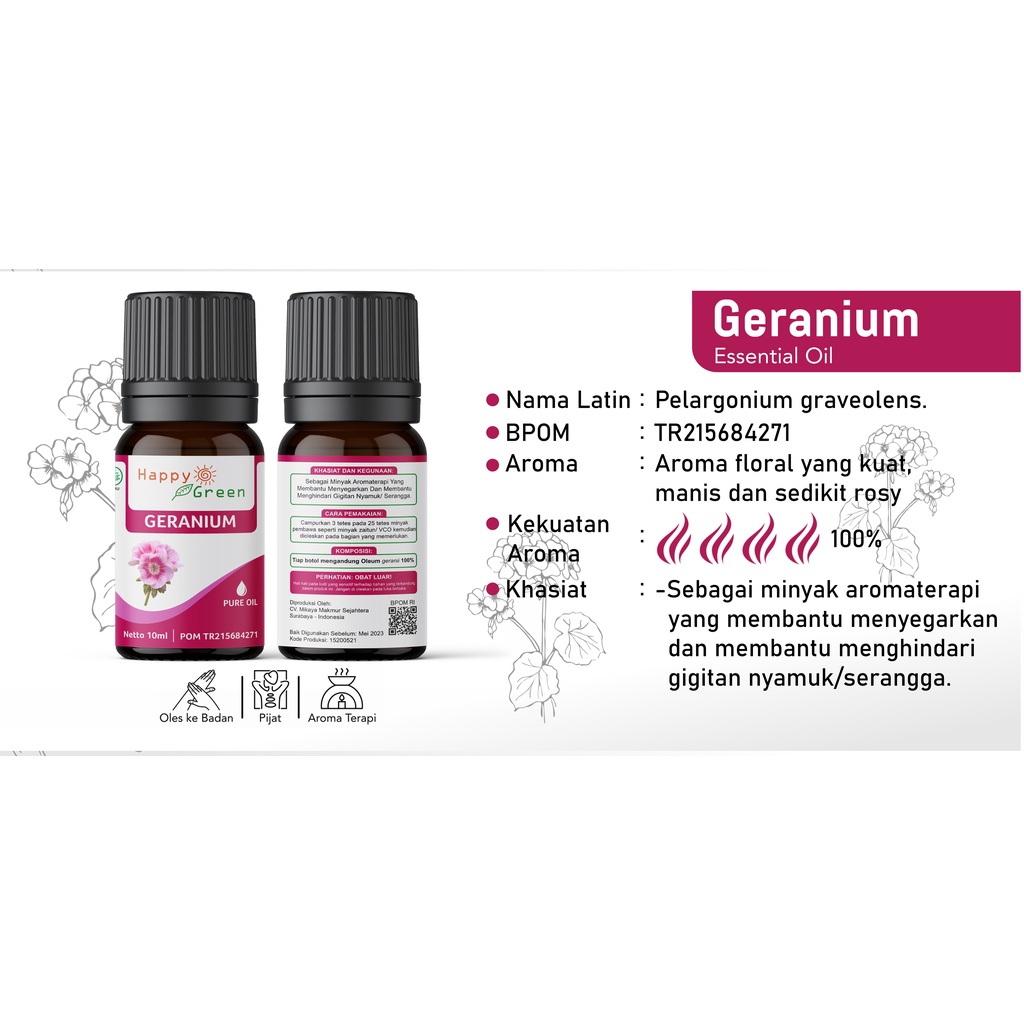 BPOM Happy Green Geranium Essential Oil - Minyak Bunga Geranium 100% Murni Natural