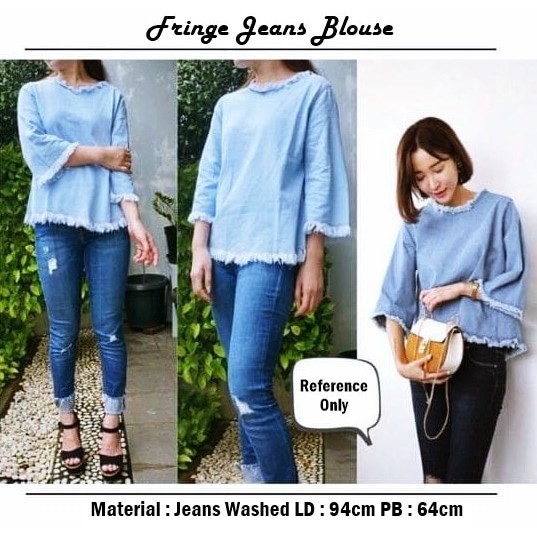 Blus jeans panjang atasan wanita Fringe Jeans Blouse