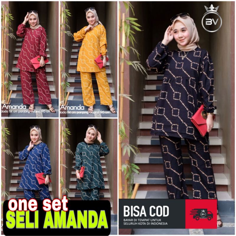 ONE SET SELI AMANDA  2 in 1 (ATASAN  + CELANA ) / SETELAN WANITA KEKINIAN / SET RAYON / PIYAMA RAYON