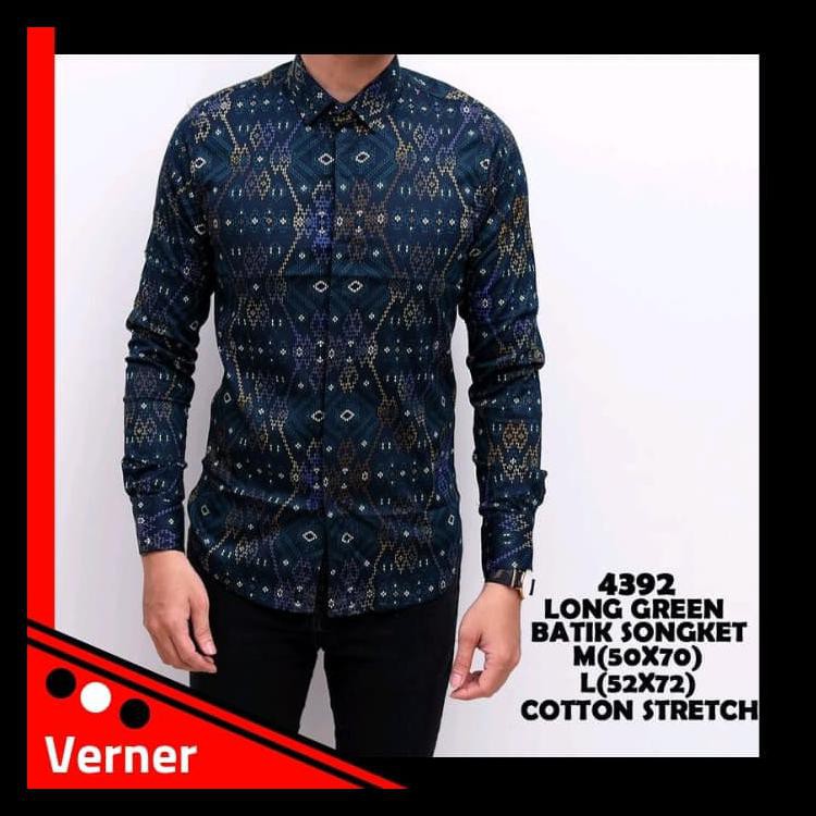 Batik Songket Pria Slim Fit 4392 - Kemeja Kerja Pria Slim Fit 4392 - Hijau, M OBRAL