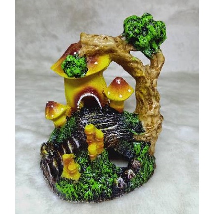 hiasan rumah jamur 3 dan pohon, hiasan aquarium rumah jamur 3, hiasan aquarium rumah pohon dan jamur