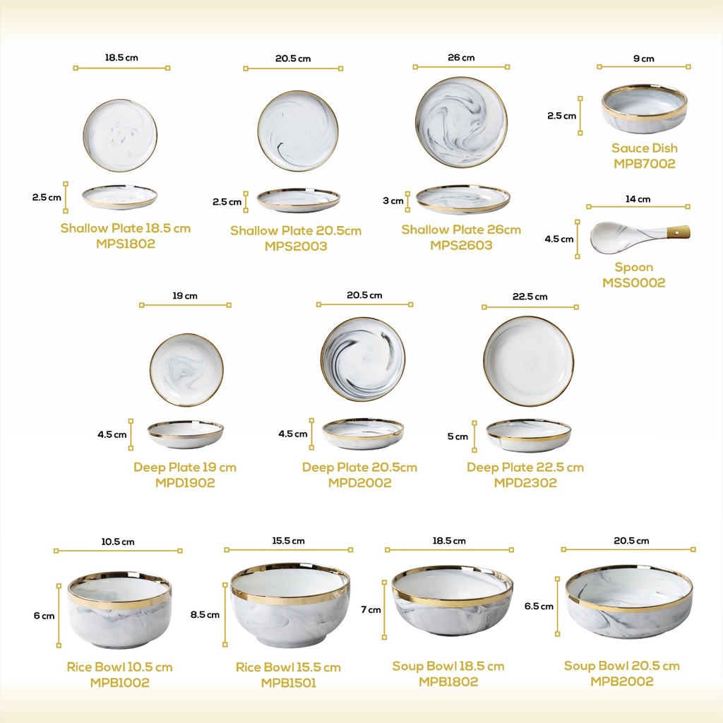 [SATUAN] NEW MODEL Piring Mangkok Makan Keramik Ceramic Bowl Cantik Motif Marmer Marbel Marble Plate Gold Rim