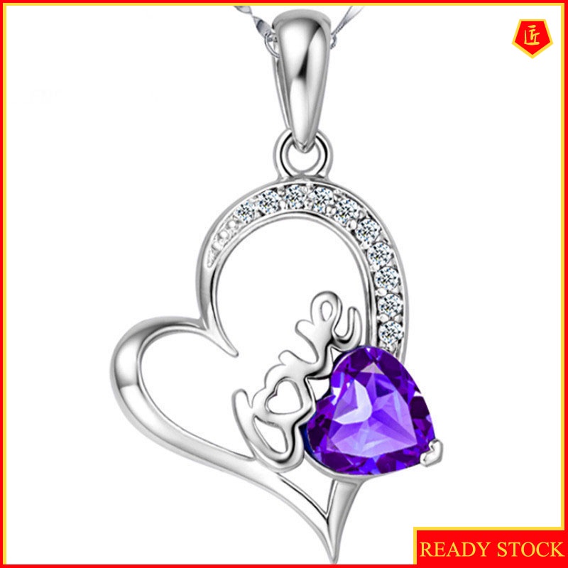 [Ready Stock]Silver Amethyst Love Necklace Women's Heart-Shaped Pendant for Birthday Gift