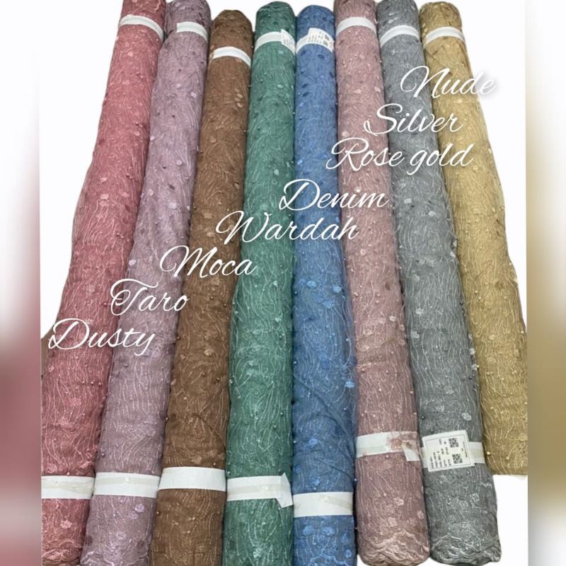 Kain Tile Mutiara Gliter Bordir / Bahan Tile Kebaya Mutiara Gliter Bordir (Harga Per 1/2 Meter)