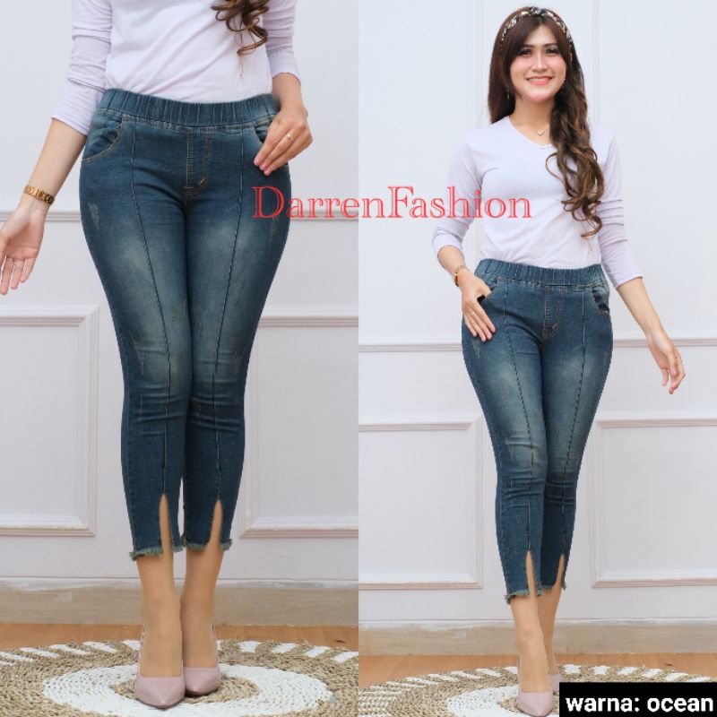 Celana Jegging 7/9 Vava Jeans Stretch Pinggang Karet . Celana Jegging 7/9 Ripped . Ripped Jeans