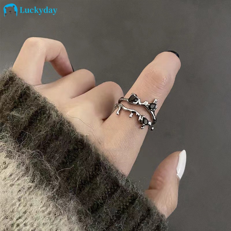 YEEZII Cincin Model Terbuka Desain Ranting Bunga Warna Hitam Bahan Zirkon Gaya Retro Untuk Wanita