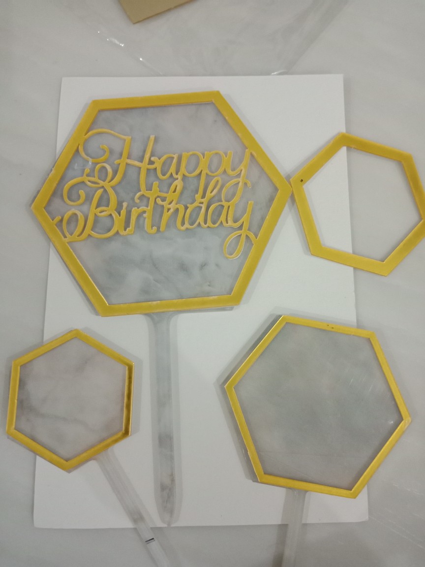 3/1pcs Topper Kue Desain Marmer Hexagonal Bahan Akrilik Untuk Dekorasi Pesta Ulang Tahun