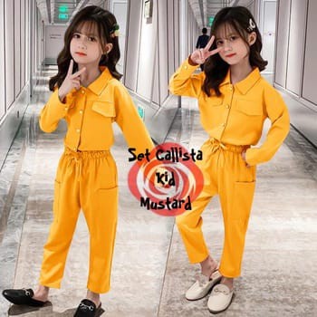 V845 Setelan Polos Set Baju Berkerah + Celana Panjang Anak Perempuan Usia 8-10th Bahan Moscrepe Fash