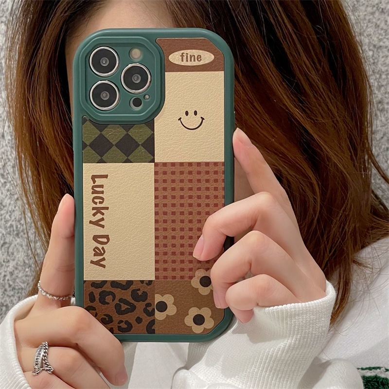 Soft Case Motif Smiley Face Kotak-Kotak Hijau Untuk IPhone 12 13 11 Pro Max X Xs Max Xr 6710