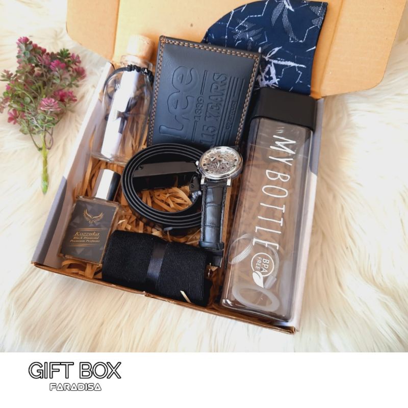 gift box pria hamspers cowok dompet botol jam tangan