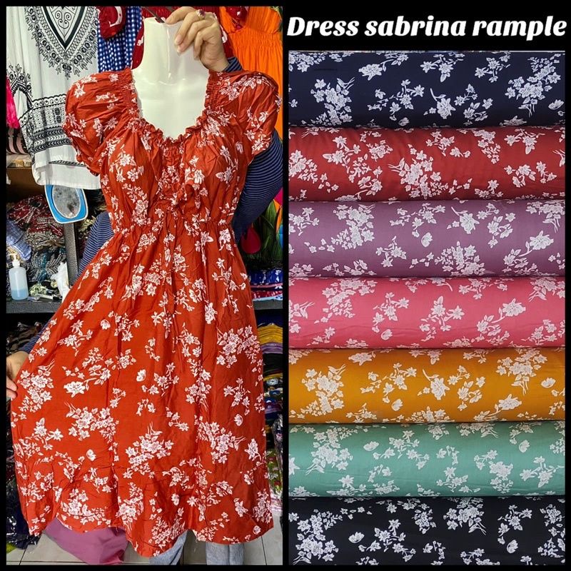 dress sabrina kerut motif panjang rayon bali