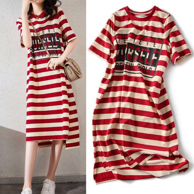 #Sisjuly# Dress Kaos Sablon Wanita Garis-Garis Dress Wanita Lengan Pendek Lengan Pendek Atasan Belah