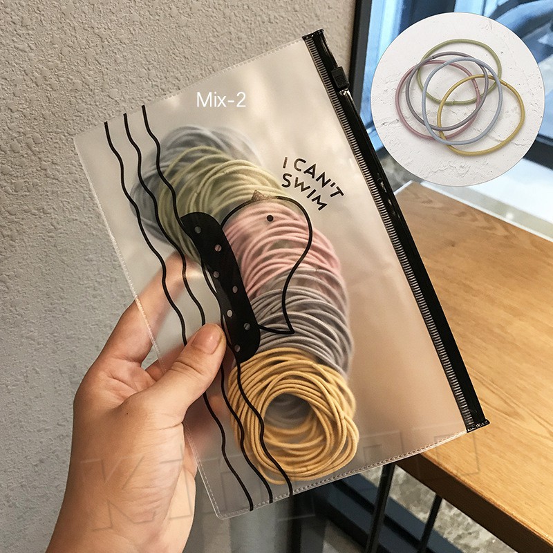 100pcs Ikat Rambut Korea I Can Swim  karet polos warna-warni dewasa import ala korea+pouch-3