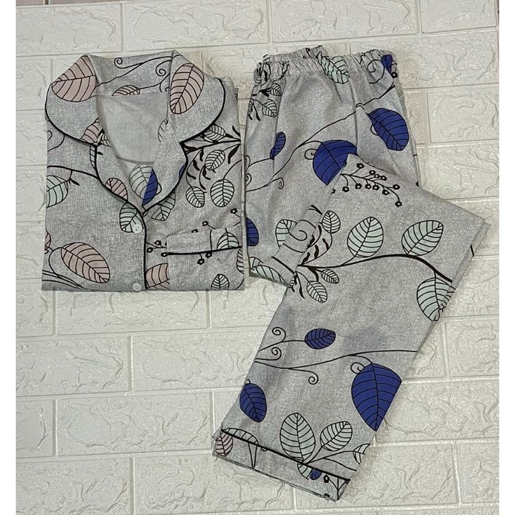 Baju tidur wanita piyama CP bahan soft katun premium adem lembut all size-Leaf blue