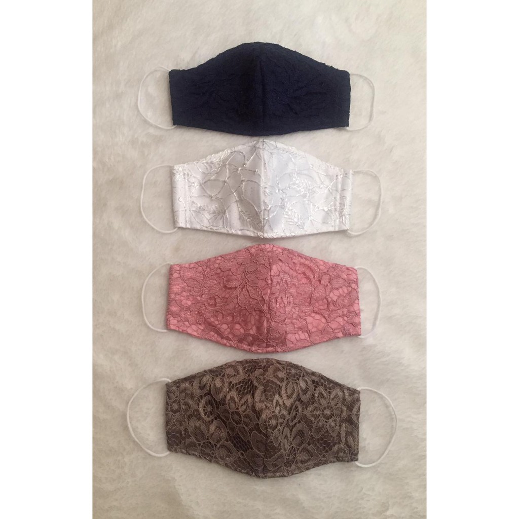 Masker Brukat-Brokat Putih, Navy, Pink, Coklat. Masker fashion-pesta wanita. White-Black-Brown 3ply