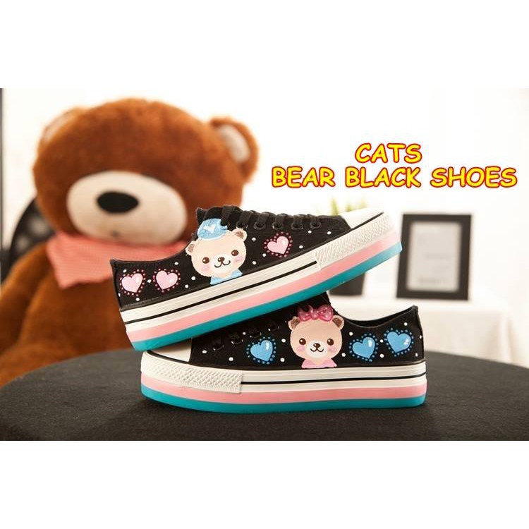 SEPATU WANITA SNEAKERS CATS BEAR BLACK SHOES CBB5