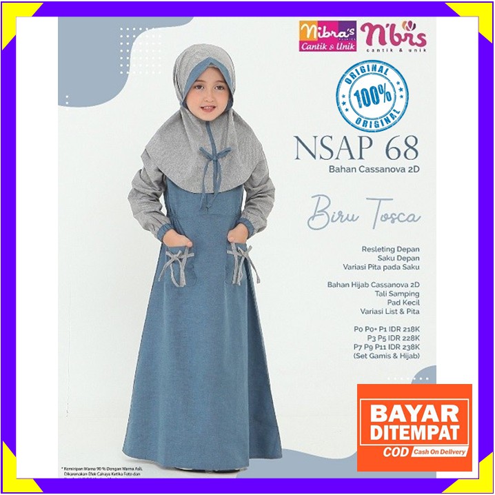 Baju Gamis Anak Perempuan Pakaian Muslim Nibras Set Hijab Setelan Jilbab Terbaru 2021 NSAP 68 Biru