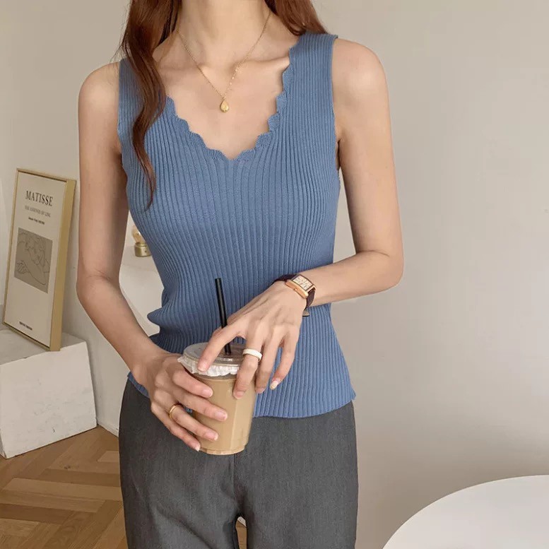 Nicebra Tank Top Wanita Rompi Rajut Tanpa Lengan Model V-Neck Import Gaya Korea 4035