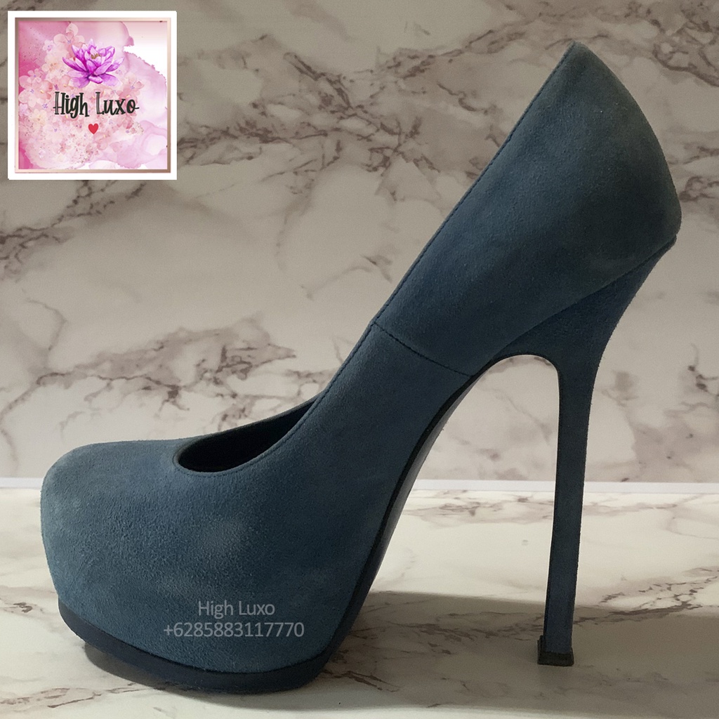 YVES SAINT LAURENT YSL Blue Suede Tribtoo Tribute Too Size 37.5 Leather Includes Box and Dustbag Hig