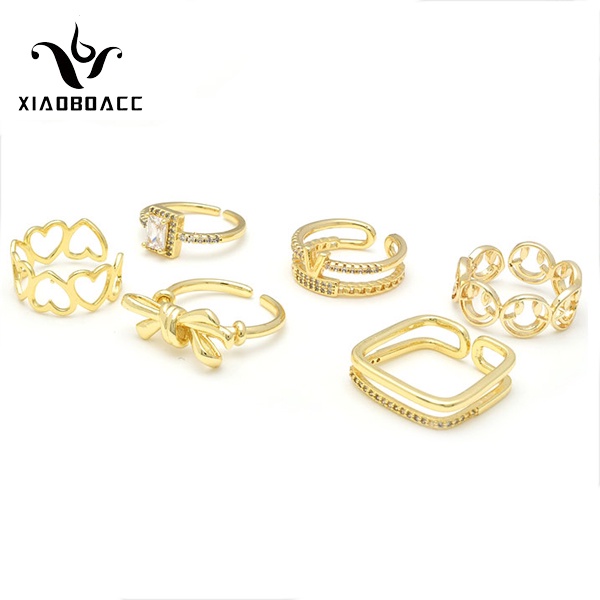 XiaoboACC Korean Fashion Heart Smiley Face Bow Index Finger Ring Micro Inlay Zircon Open Rings