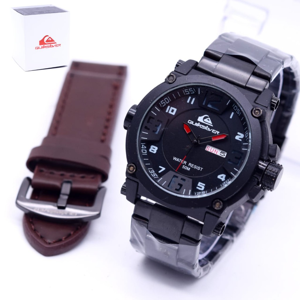 Best Seller  Jam Tangan Pria Quiksilver 0125 HB Tali Rantai Tanggal Aktif Free Box Ori & Kulit