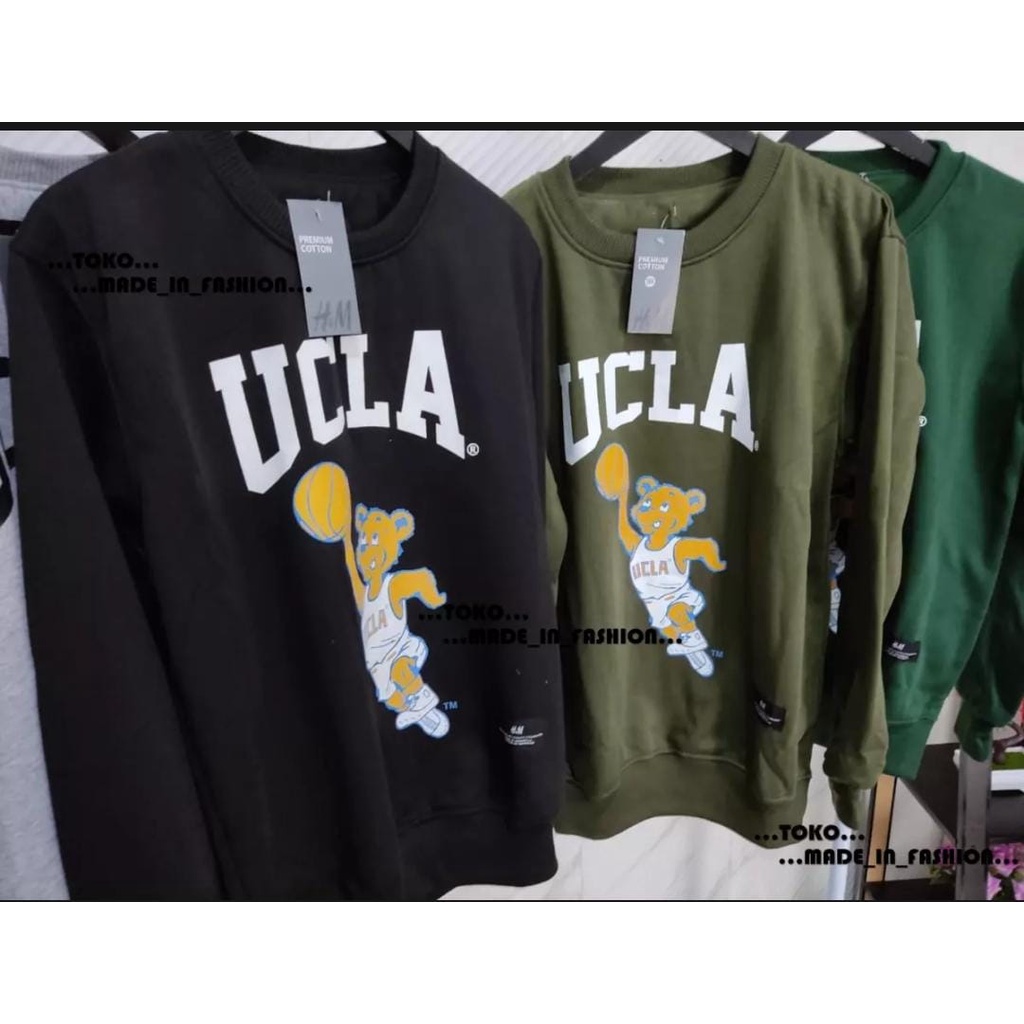 Sweater Hoodie Cruneck UCLA Hijau Army H&amp;M Original Distro Premium Untuk Pria Dan Wanita Murah Bahan Tebal