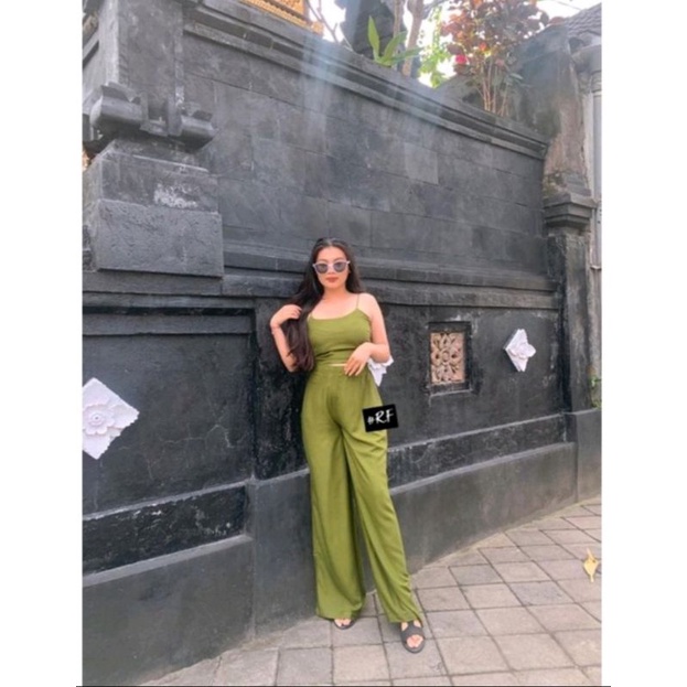 ONE SET KULOT PATTERN // SETELAN TANKTOP FLOWERY-Olive polos