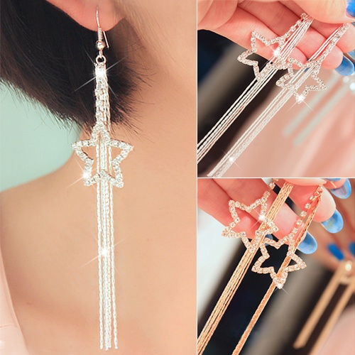 Hu Hu Hu Hu Hu Alat Bantu Pasang Kacamata♡ Anting Kait Gantung Panjang Desain Bintang Hias Berlian Imitasi Untuk Wanita