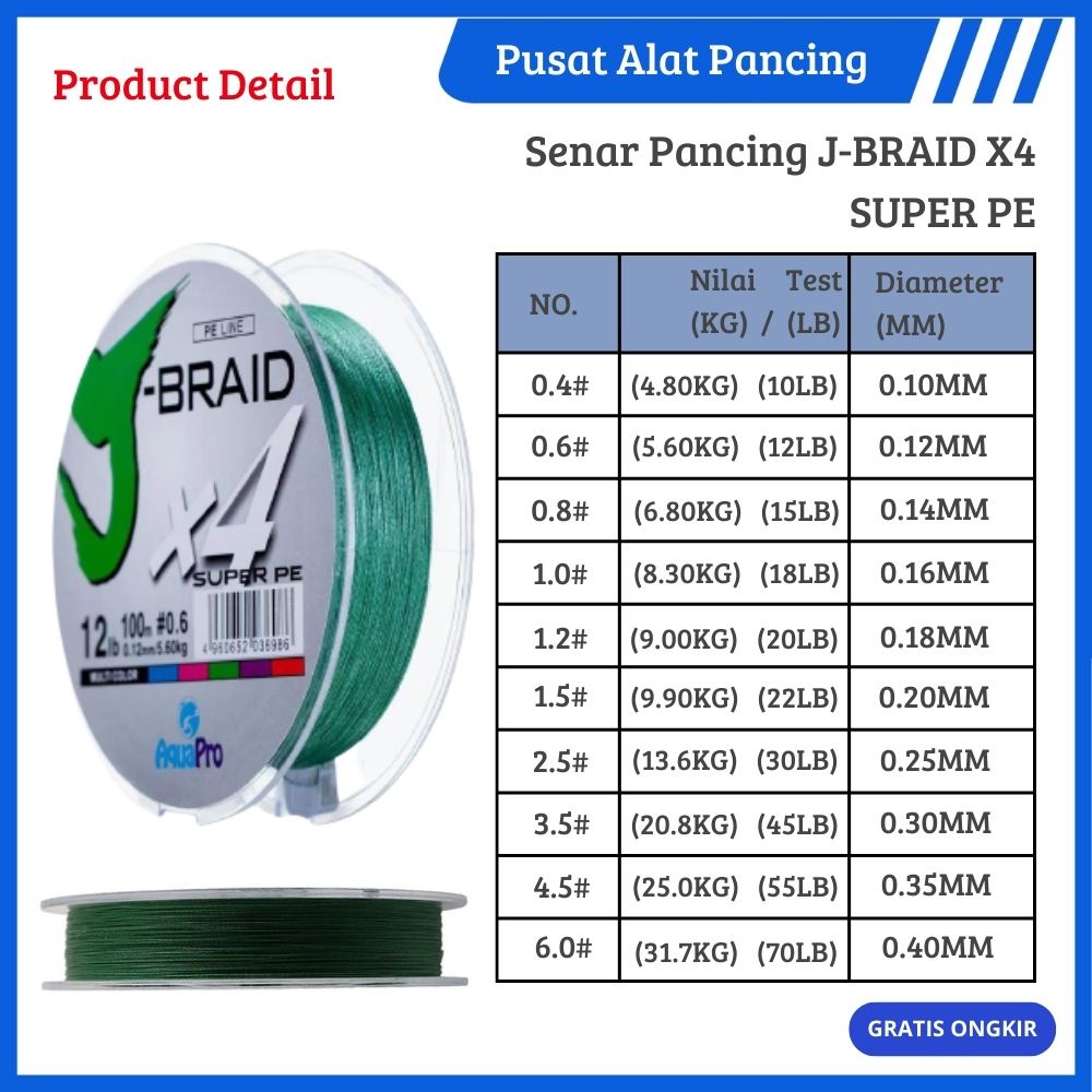 Senar Pancing J-BRAND X4 100M Senar PE Senar Kepang 4 Helai Untai Senar Pancing Multifilamen Kawat Pancing Ikan