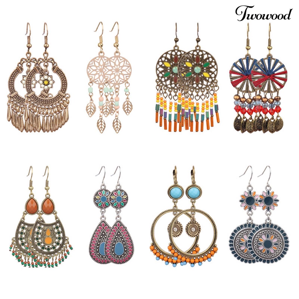 1 Pasang Anting Hook Model Hollow Aksen Manik-Manik Warna-Warni Gaya Bohemian Vintage Untuk Pesta