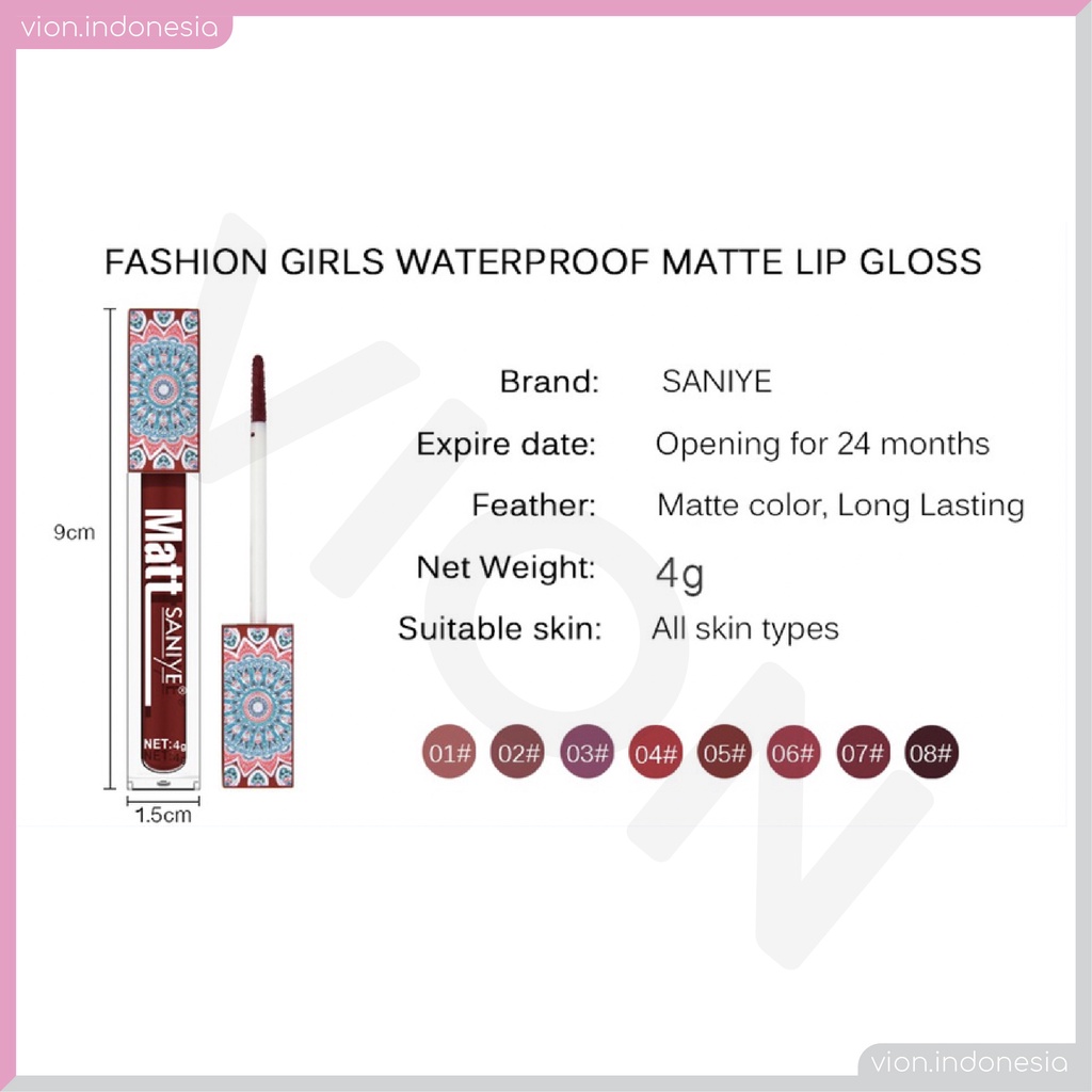 SANIYE Fashion Girls Matte Lip Gloss Liquid Lip Tint Lipstick Motif Batik Waterproof Tahan Lama SA003