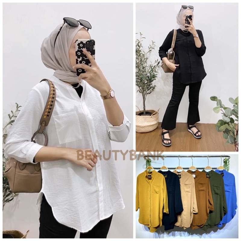 Kemeja Tunik Polos Blouse Wanita MUSLIM BAHAN CRINKLE AIRFLOW PREMIUM IMPORT