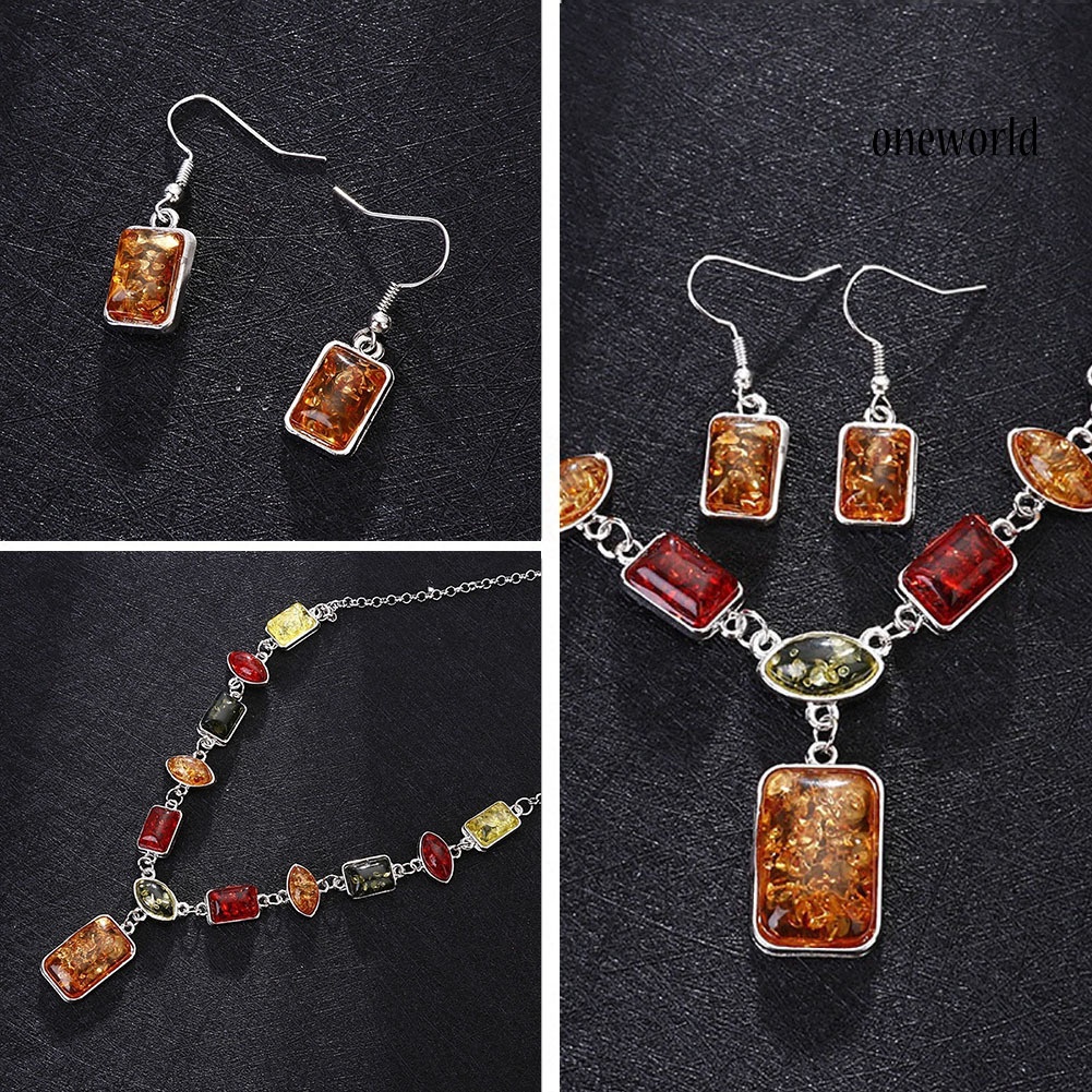 OW@ Square Oval Amber African Style Women Necklace Hook Earrings Party Jewelry Set