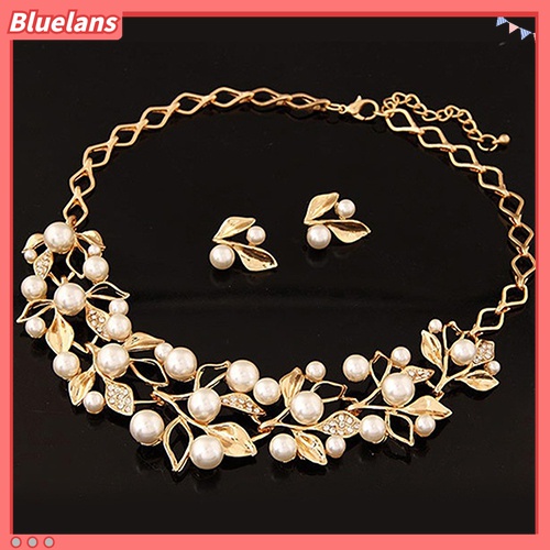 Bluelans Set Anting Tusuk + Kalung Choker Wanita Desain Daun Hias Mutiara Imitasi Untuk Pengantin