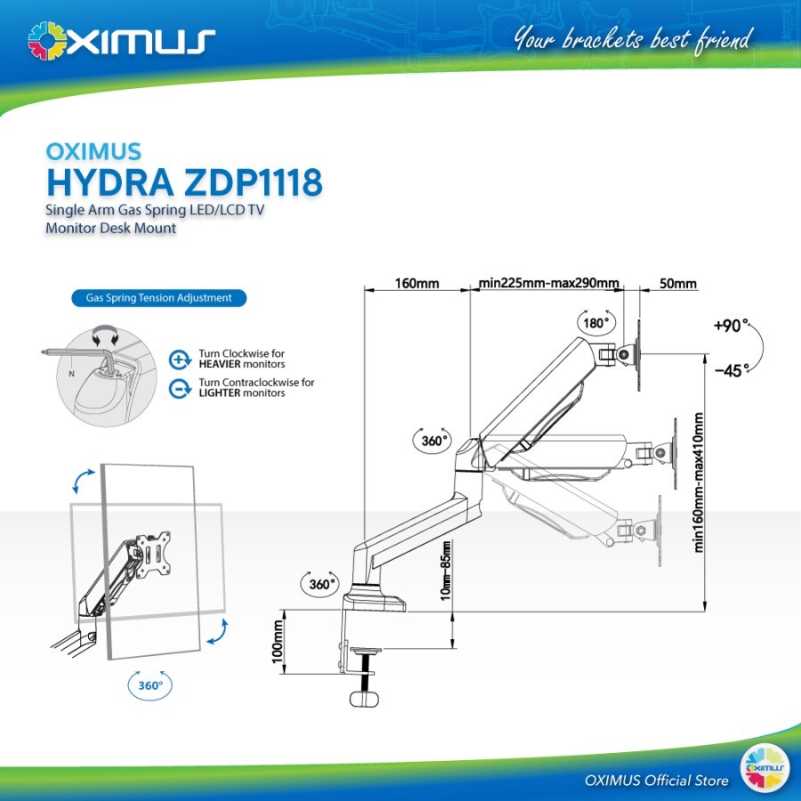 Bracket TV Monitor LED LCD Gas Spring OXIMUS ZDP1118 1118 Tilt Swivel