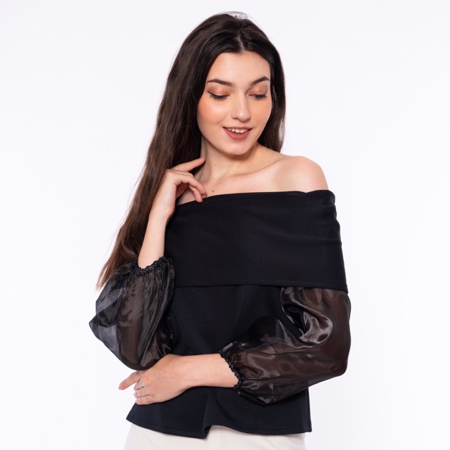 Diane Top Hitam Black - Baju Atasan Blouse Blus Scuba OffShoulder Sabrina Lengan Tangan Balon Wanita