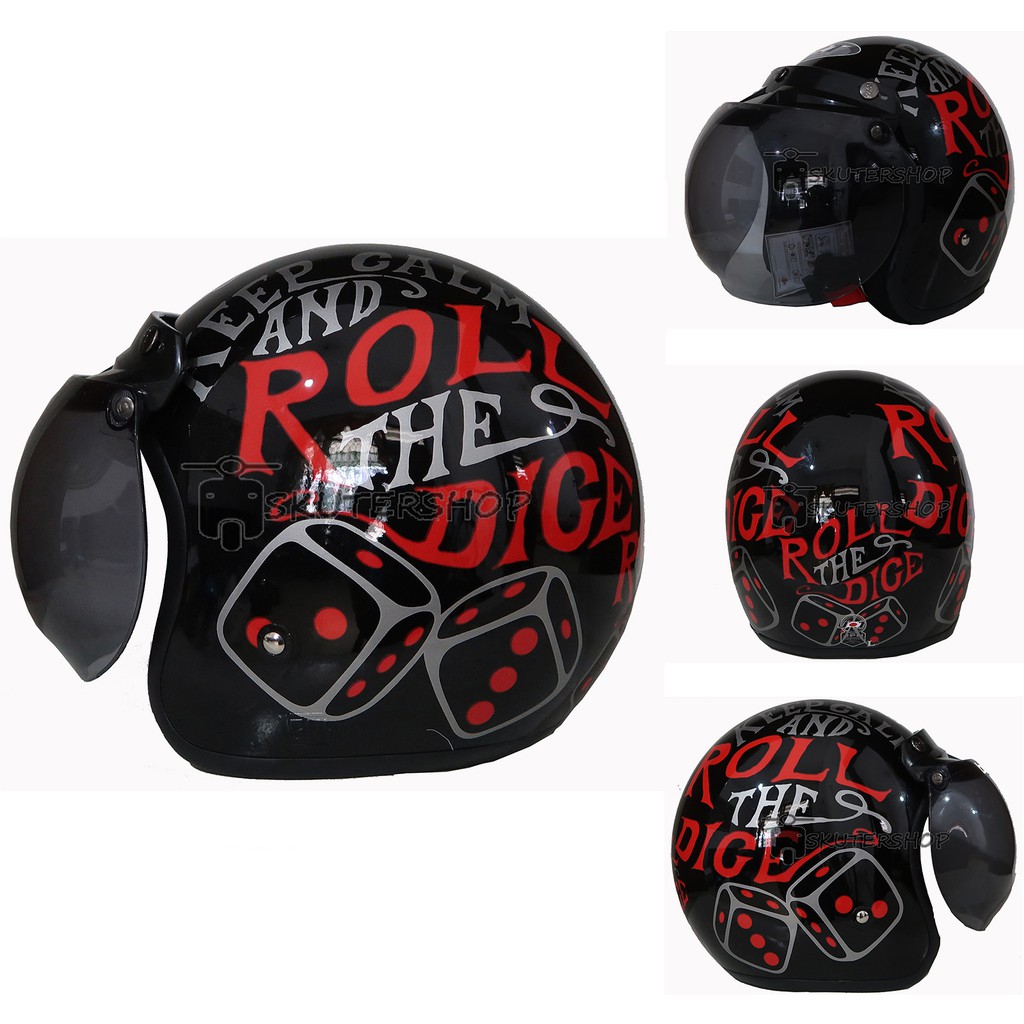 Andriawanhs JPN Helm Bogo Retro Klasik Keep Calm And Roll The Dice Hitam Glossy Kaca Bogo Ori