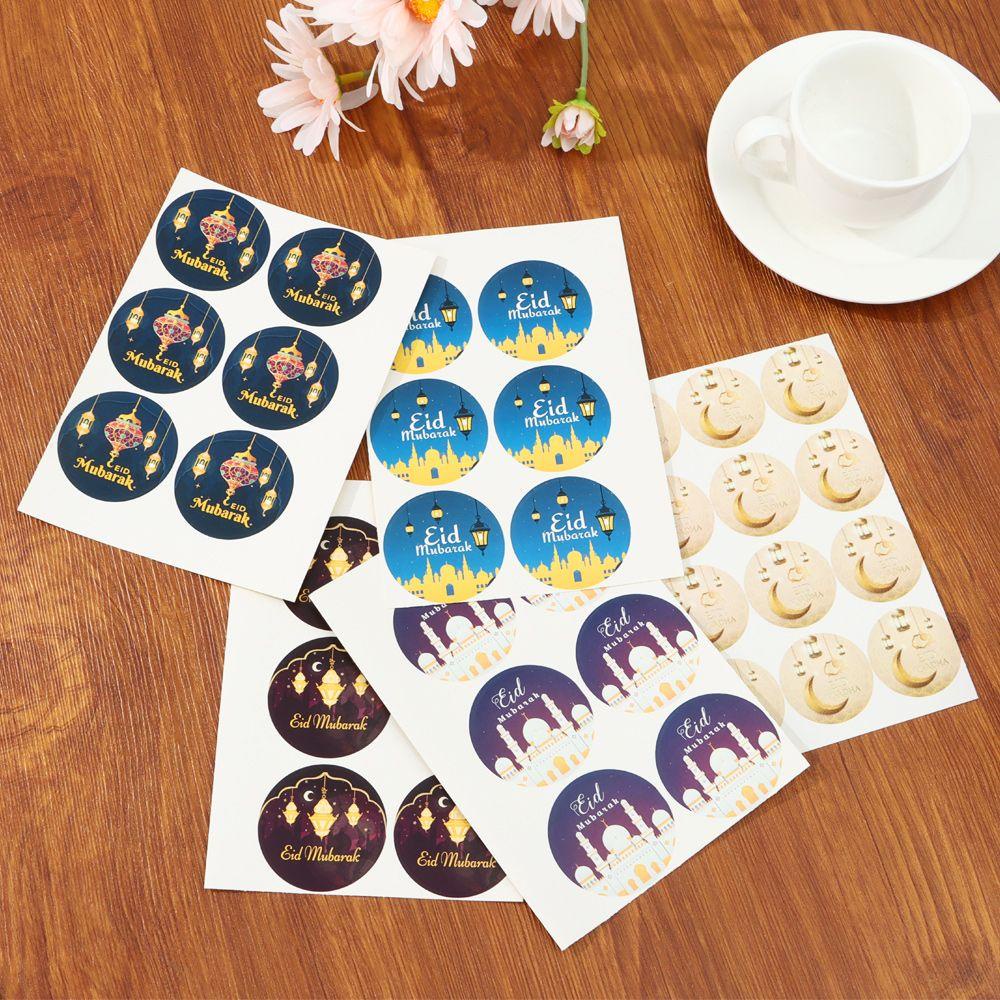 Top 60/120Pcs Eid Mubarak Stiker Festival DIY Hiasan Kue Cookie Candy Tag Biskuit Paket Dekorasi Muslim Islami